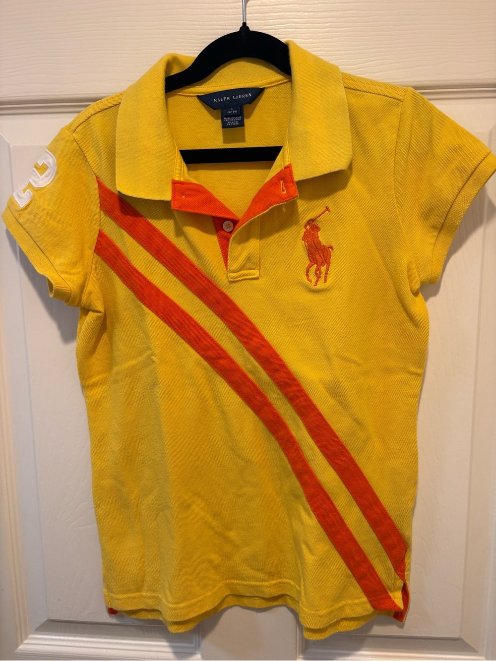 Ralph Lauren size 12-14 Yellow Polo with Orange Stripes & Logo